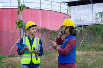 two Asian construction workers report by voice call while on a construction site, construction work concept.