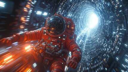 Poster - Astronaut traveling through a futuristic wormhole in a vibrant cosmic environment