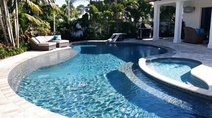 Poster - A large pool with a white fence and a patio area