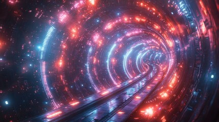 Poster - Colorful illuminated tunnel with vibrant lights at night