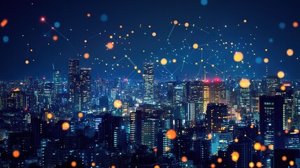 Poster - Smart city and communication wireless network 5G. Rounded abstract cityscape network connection, internet and global connection concept. copy space for text.