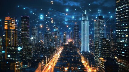 Poster - Smart city and communication wireless network 5G. Rounded abstract cityscape network connection, internet and global connection concept. copy space for text.