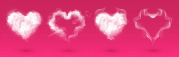 Wall Mural - white smoke hearts set isolated on pink background. vector realistic illustration of fluffy mist clo
