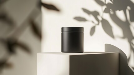 Poster - elegant black jar placed atop a pedestal, casting delicate shadows from surrounding leaves in soft a