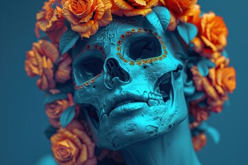 Mexican folk art, close-up view of a Day of the Dead calavera skeleton figure carved from wood. Beautiful simple AI generated image