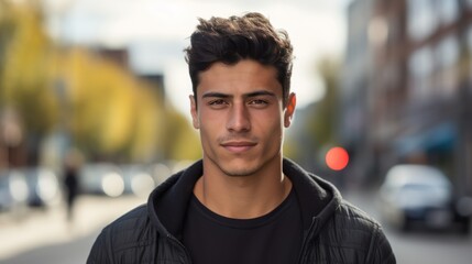 Wall Mural - Portrait of a young Hispanic man  standing on a city street, 