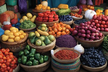 Wall Mural - Colorful Market Scene: A bustling outdoor market filled with vibrant fruits, vegetables, spices, and handwoven textiles