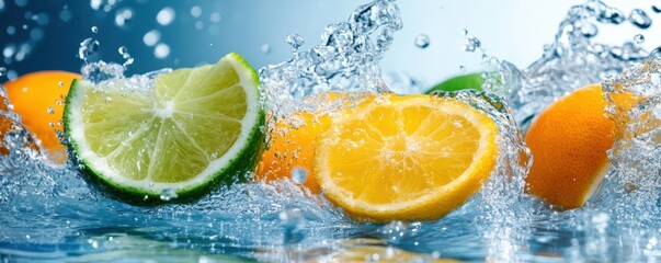 Fresh citrus fruits splashing in water, showcasing vibrant lime and orange slices. Perfect for healthy living and refreshing background themes.