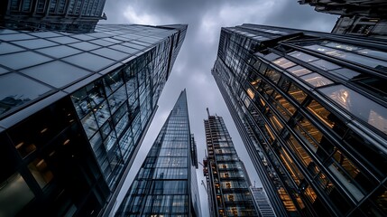 Wall Mural - A low angle view of skyscrapers in a city, with a cloudy sky above.