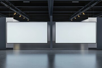 A white banner or marketing campaign on two blank white partitions in an industrial gallery hall with black benches on concrete floor and grey wall background. 3D rendering.