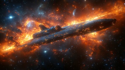 Poster - A sleek spaceship glides through a vibrant nebula filled with fiery colors and distant stars.