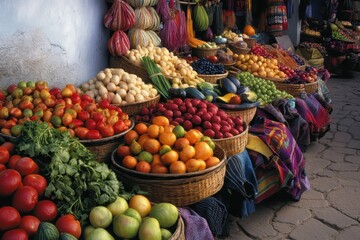 Wall Mural - Colorful Market Scene: A bustling outdoor market filled with vibrant fruits, vegetables, spices, and handwoven textiles