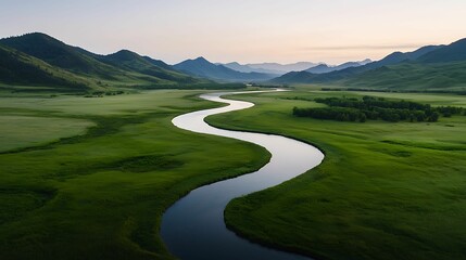 Wall Mural - Serene River Flowing Through Valley at Dawn with Copy Space for Text - Tranquil Morning Landscape