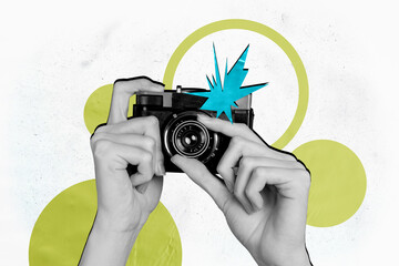 Poster - Creative collage picture hands body fragments hold camera shooting objective lens photographer paparazzi drawing background