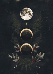 Wall Mural - A minimalist and mystical illustration featuring moon phases, holly leaves, a dark background