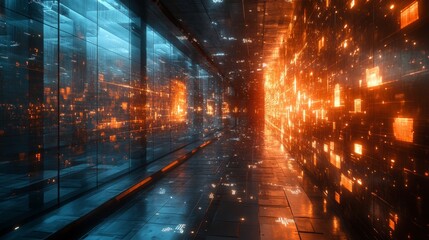 Poster - A high-tech corridor featuring vibrant blue and orange lights reflecting off glass walls in an abstract design.