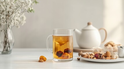 Wall Mural - Warm herbal tea with dried fruits and nuts on a light table, surrounded by delicate flowers and a white teapot in a cozy setting