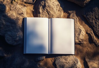 Mockup of a blank book on rocks in the sand, a notebook mockup, and a mockup on a nature background