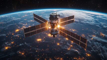 Poster - A satellite orbits the Earth, illuminated by city lights in the darkness of space.