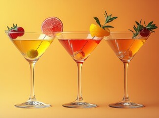 Wall Mural - Cocktails of different colors in martini glasses and with berry decoration on the edge of the glasses