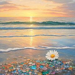 Sunset over ocean with daisy and colorful stones