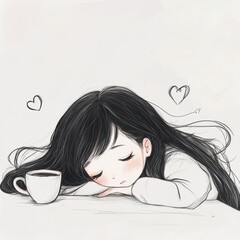 Cute cartoon girl with long black hair sleeping on her desk, surrounded by a white background and a coffee cup. 