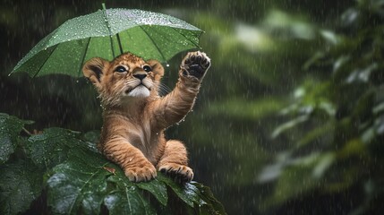 A baby lion sits on a green leaf and covers itself from the rain with a green leaf umbrella