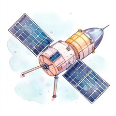 Cute cartoon illustration, simple watercolor painting, satellite with solar panels