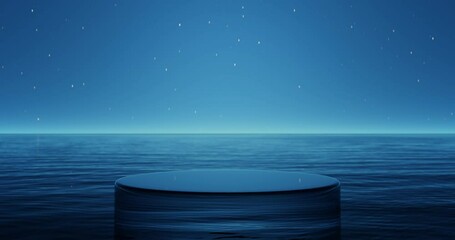Wall Mural - glass podium on wave sea beach and night sky with stars abstract background. nature and summer conce