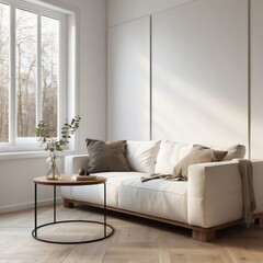 Wall Mural - White Sofa in a Minimalist Living Room with Wooden Floor and Natural Light