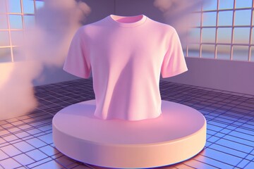 Sticker - Pink T-Shirt Mockup Displayed on a Round Podium, Minimal Design with Dreamlike Cloudscape, 3D Render