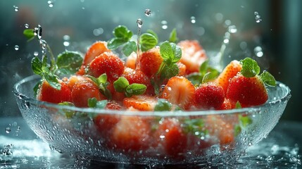 Wall Mural - Fresh Strawberries in a Glass Bowl with Water Splashes