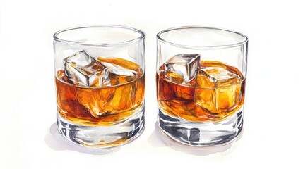 Watercolor hand drawn sketch illustration featuring two whiskey glasses one with ice and one without isolated on a white background