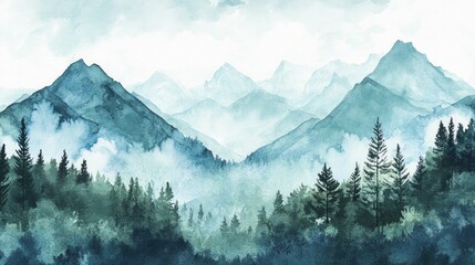 Wall Mural - Watercolor illustration featuring traditional mountain landscapes