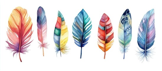 Poster - Watercolor feather collection on a white background