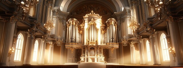 Poster - 3D rendering of an organ in a historic church featuring a blend of baroque and classical architectural styles
