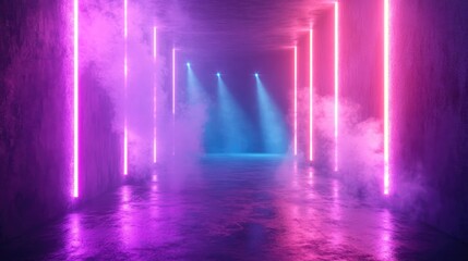 Poster - 3D rendering of an empty wall backdrop with a ray of light smoke and neon illumination creating a magical atmosphere