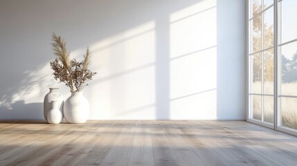 Poster - Minimalist interior of a white empty room featuring vases on a wooden floor decor on a large wall and a white landscape visible through the window 3D rendering of a nordic home environment