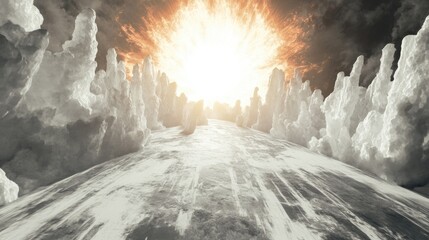 Poster - 3D cartoon rendering depicting a grunge concrete surface with abstract black and white background featuring solar flare eruptions from the Sun