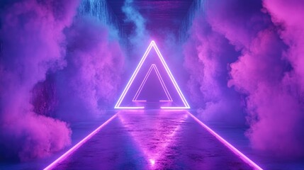 Poster - 3D rendering of a neon glowing smoke triangle pyramid in a purple and blue futuristic corridor featuring reflective grunge walls and vibrant fluorescent lasers