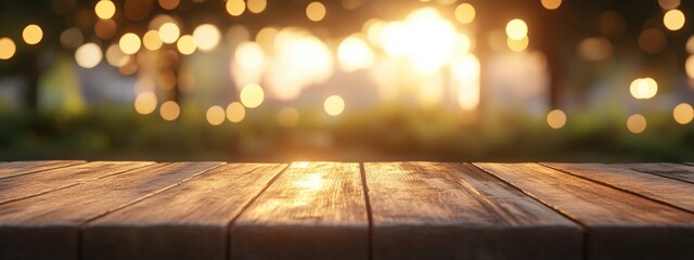 Poster - 3D rendering of a blank space on a wooden table with a blurred bokeh light background
