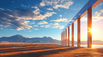 Wall Mural - Sustainable Desert Construction Site with Solar-Powered Frameworks and Reflective Conduits