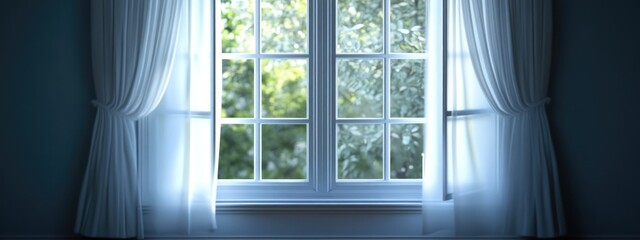 Poster - 3D rendering of an open window with white curtains showcasing a darkened interior with selective focus and noise effect