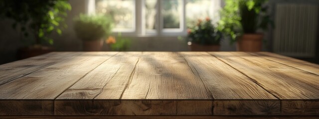 Poster - 3D rendering of an empty wooden table with a blurred background ideal for product display or montage Mock up for showcasing items