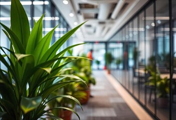 Blur background of modern workplace decorated with green plant. Blurred office corridor with plants and glass walls. Modern office interior concept. Design for poster, wallpaper, banner. Spate, ai