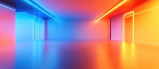 Poster - 3D rendering of a modern abstract blur interior entrance of an office featuring a blue background and orange light effects