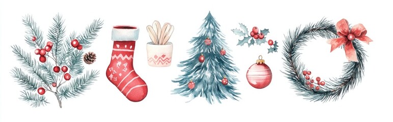 Wall Mural - Watercolor illustration featuring branches of a Christmas tree ornaments confections a mitten and a gift sock along with a festive wreath