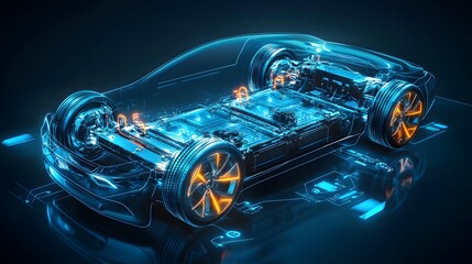 Wall Mural - 5. **Depict an electric car lithium battery pack in a dynamic 3D illustration, with power connections vividly outlined in a vibrant blue. The focus is on showcasing the core technology of the battery