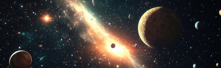 Wall Mural - 2D illustration featuring a 3D cartoon rendering of vast deep space filled with bright stars planets and moons Creative science fiction backdrops depicting alien solar systems and distant cosmic l