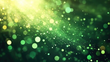 Poster - Abstract bright green glowing background with flying dots circles bokeh energy particles and light rays in a 3D cartoon rendering